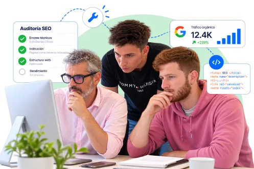 Consultores senior de SEO técnico y desarrolladores de Orbitalia trabajando juntos