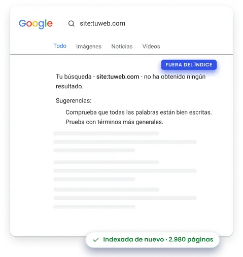 Búsqueda site: en Google de una web fuera del índice, indexada de nuevo tras la corrección